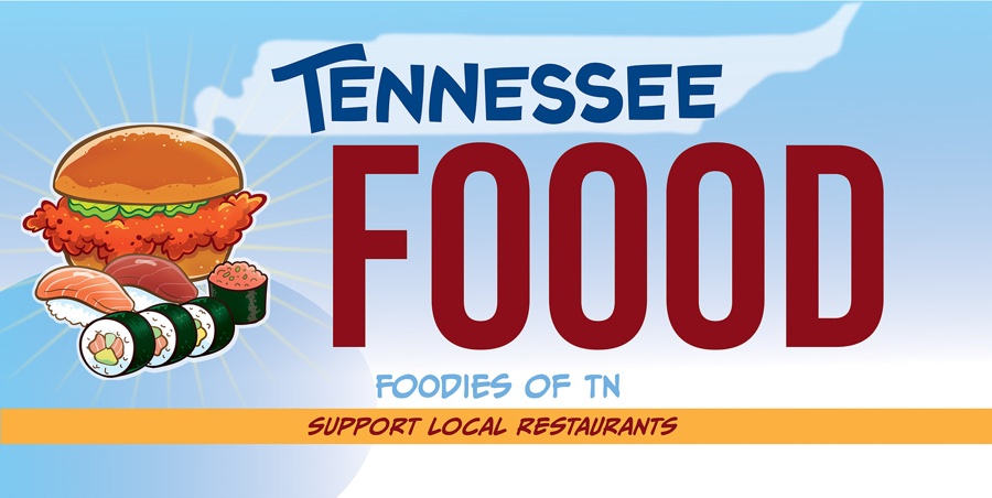 Official Foodies of TN Tennessee specialty license plate designed by Norris Hall, featuring a hot chicken sandwich and sushi with the words Tennessee FOOOD and Support Local Restaurants